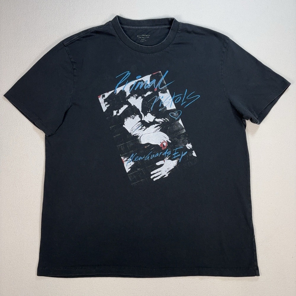 AllSaints Graphic T-Shirt Men's M Washed Black Relaxed Fit Organic Cotton *STAIN